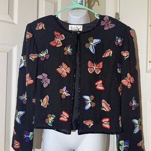 🦋 Vintage Laurence Kazar 100% Silk Beaded Butterfly Jacket – Black – Size L